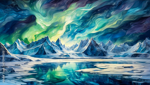 illustration of mountain landscape with beautiful and colorful auroras