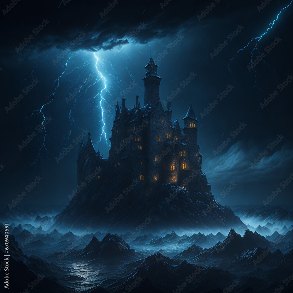 A fantastic castle in the middle of the ocean. Gloomy background, storm, thunderstorm. AI