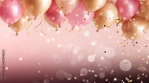 Celebration with pink confetti and golden balloons background.