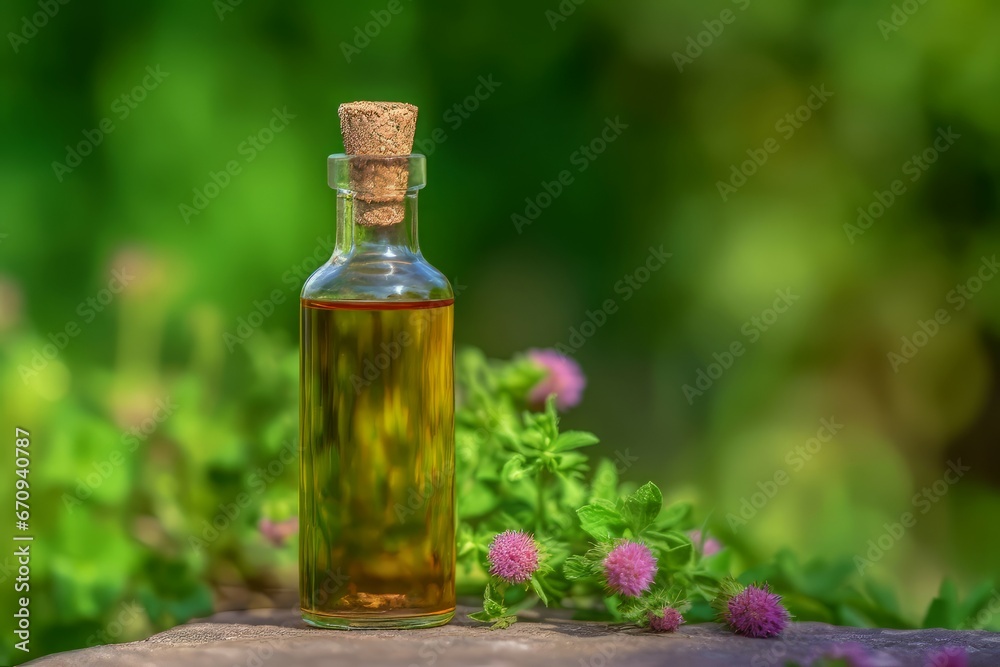 Tincture bottle flower herbs nature. Health essential vial care remedy. Generate Ai Tincture bottle flower herbs nature. Health essential vial care remedy. Generate Ai