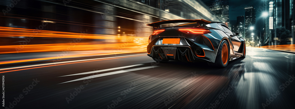 Sport car with motion blur on the road, Cyberpunk Fire Racing Car At High Speed On Street, car on street night city, back side view. car racing on track, leaving neon trail of lights from back