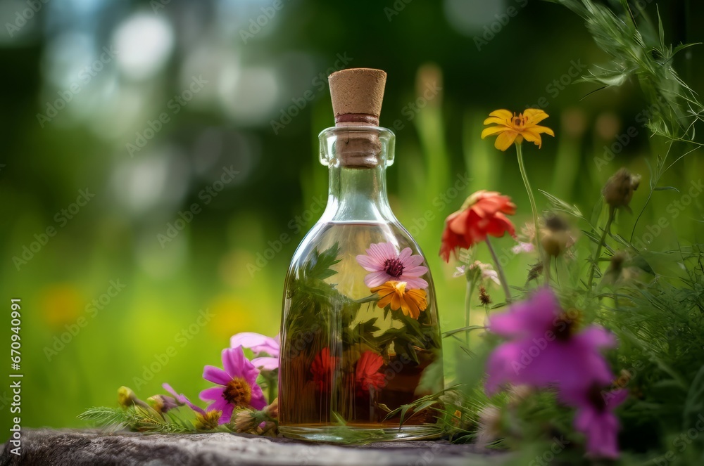 Tincture bottle flower herbs field. Cure preparation care vial remedy. Generate Ai Tincture bottle flower herbs field. Cure preparation care vial remedy. Generate Ai