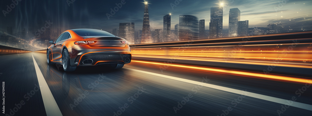 Sport car with motion blur on the road, Cyberpunk Fire Racing Car At High Speed On Street, car on street night city, back side view. car racing on track, leaving neon trail of lights from back - obrazy, fototapety, plakaty 