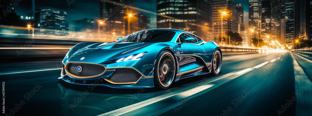 custom made wallpaper toronto digitalSport car with motion blur on the road, Cyberpunk Fire Racing Car At High Speed On Street, car on street night city, back side view. car racing on track, leaving neon trail of lights from back