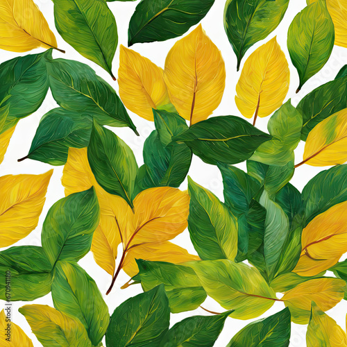 pattern of yellow and green tree leaves. autumn. oil on canvas and water colors. White background