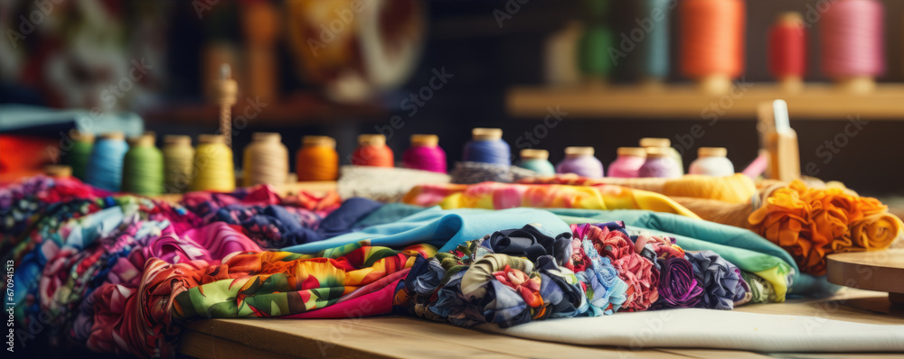 Fototapeta premium colored bright fabric. detail of sewing color material like fabric, cotton, spool of thread.