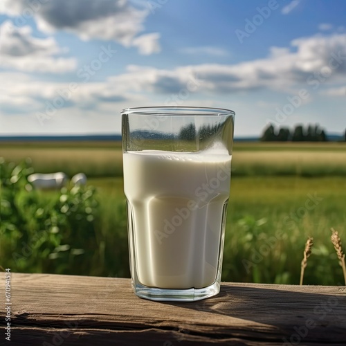 A glass of fresh cow's milk on a wooden board on a green field background. AI generating