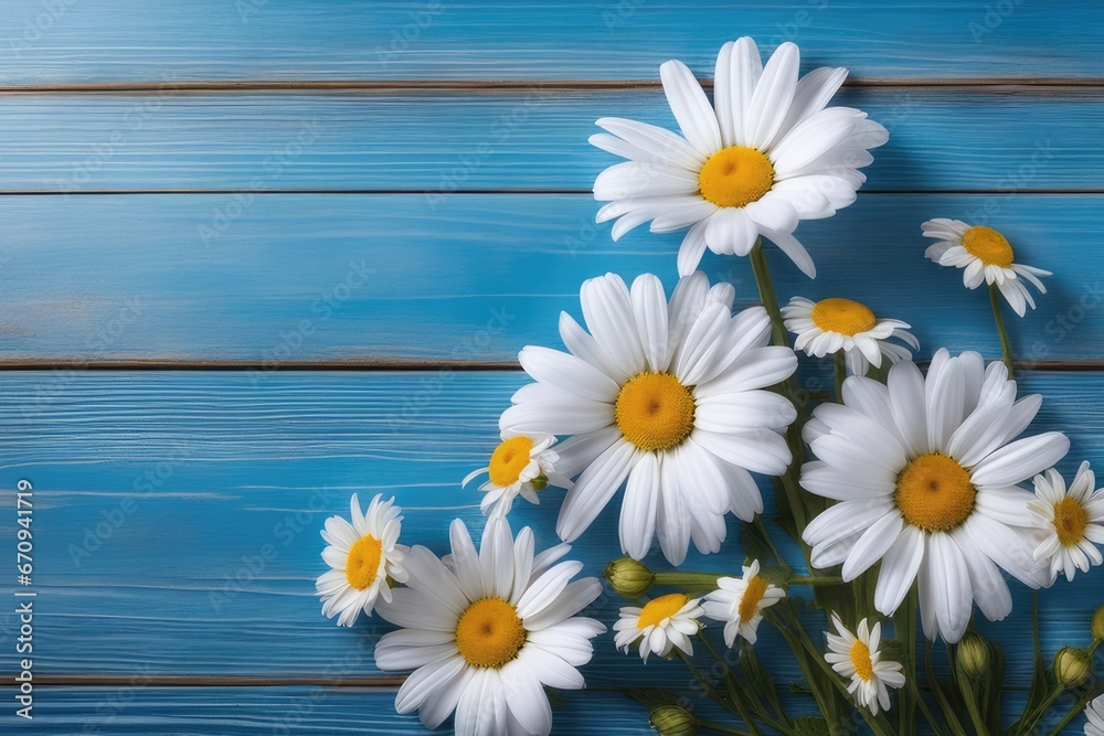 Fototapeta premium daisies on a blue wooden background