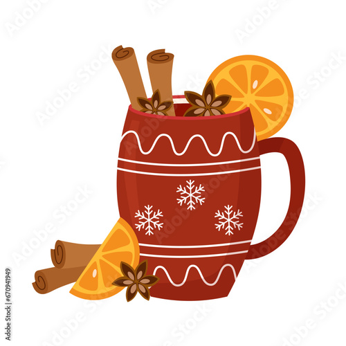 Mug of mulled wine with orange slices, anise and cinnamon sticks