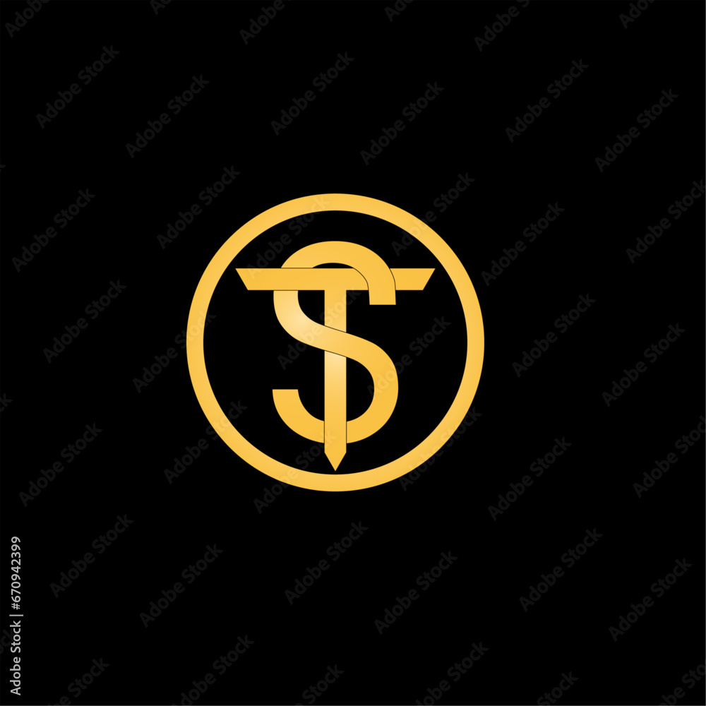 TS Logo with golden colour round shape - obrazy, fototapety, plakaty 