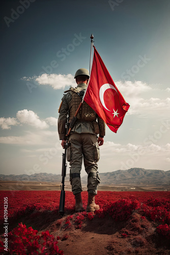Soldier carrying a Turkish flag