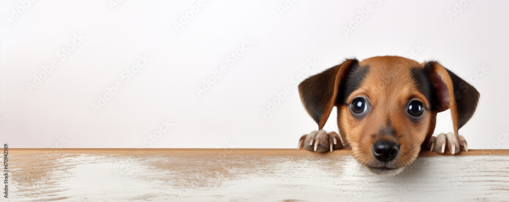 Cute little dog looks from the corner above table. copy space for text