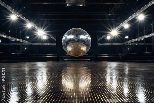 Empty disco hall with disco ball and lights, background stage ramp photo
