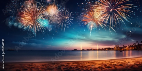 Glittering beachside fireworks, perfect for Christmas Eve and New Year celebrations. © Nattadesh