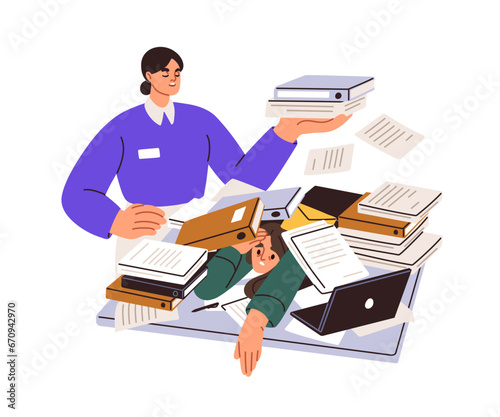 Work overload, paperwork concept. Employee in pile of business papers, documents clutter at desk. Tired worker under boss pressure, hard workload. Flat vector illustration isolated on white background