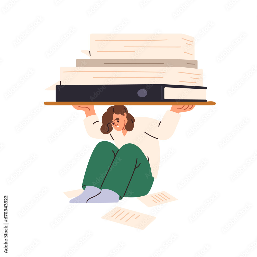 Tired employee overloaded with documents, business papers. Paperwork, bureaucracy burden concept. Fatigue office worker loaded with lot of work. Flat vector illustration isolated on white background