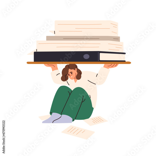 Tired employee overloaded with documents, business papers. Paperwork, bureaucracy burden concept. Fatigue office worker loaded with lot of work. Flat vector illustration isolated on white background