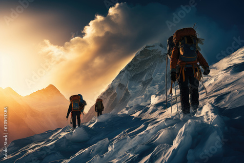 Image of a group of Sherpas and mountaineers climbing Mount Everest on a sunny day. It goes with all their equipment to be able to reach the summit. photo