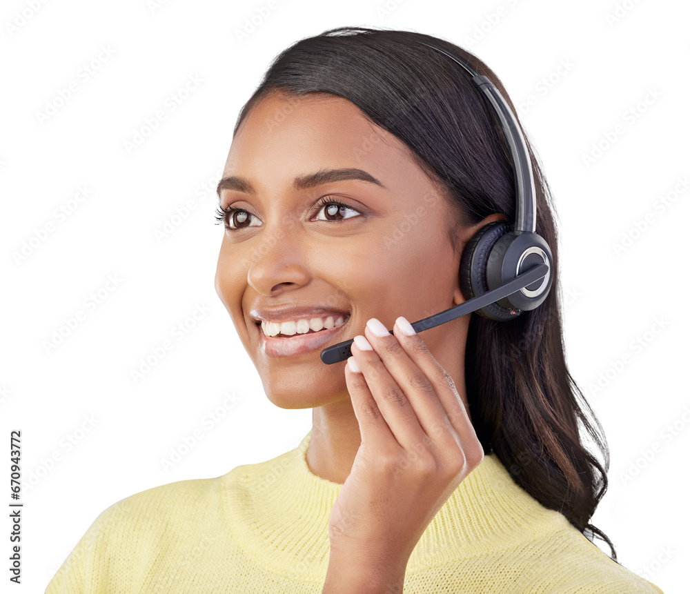Call center, face of woman and consultant smile for customer service, faq or isolated on transparent png background. Indian female, telemarketing agent and thinking of CRM advice, sales and questions Call center, face of woman and consultant smile for customer service, faq or isolated on transparent png background. Indian female, telemarketing agent and thinking of CRM advice, sales and questions