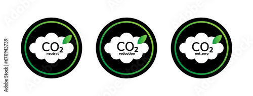 CO2 emissions reduction, CO2 neutral, CO2 net zero labels certificate stickers set. Eco friendly icon set of Carbon neutral clouds with green leaves on round black background. Stop CO2 air pollution!