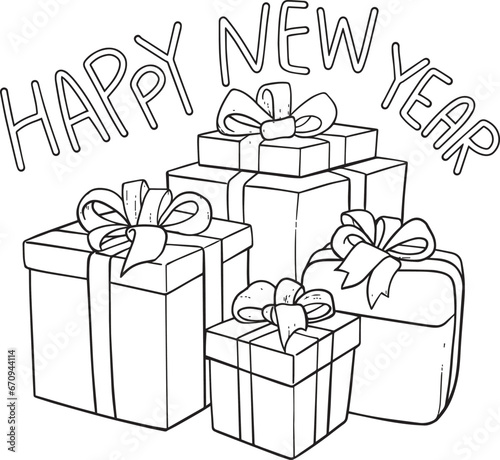 Christmas gifts with bows. Coloring book page printable activity worksheet for adults and kids.