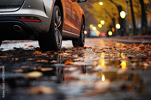 Studded tires. Car standing on a wet dangerous road in autumn during rain. Close up. Autumn vacation concept.