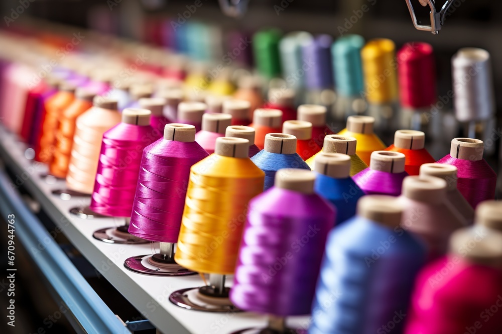Colorful reel thread set up at modern and automatic sewing or embroidery spinning machine textile industry factory concept Colorful reel thread set up at modern and automatic sewing or embroidery spinning machine textile industry factory concept