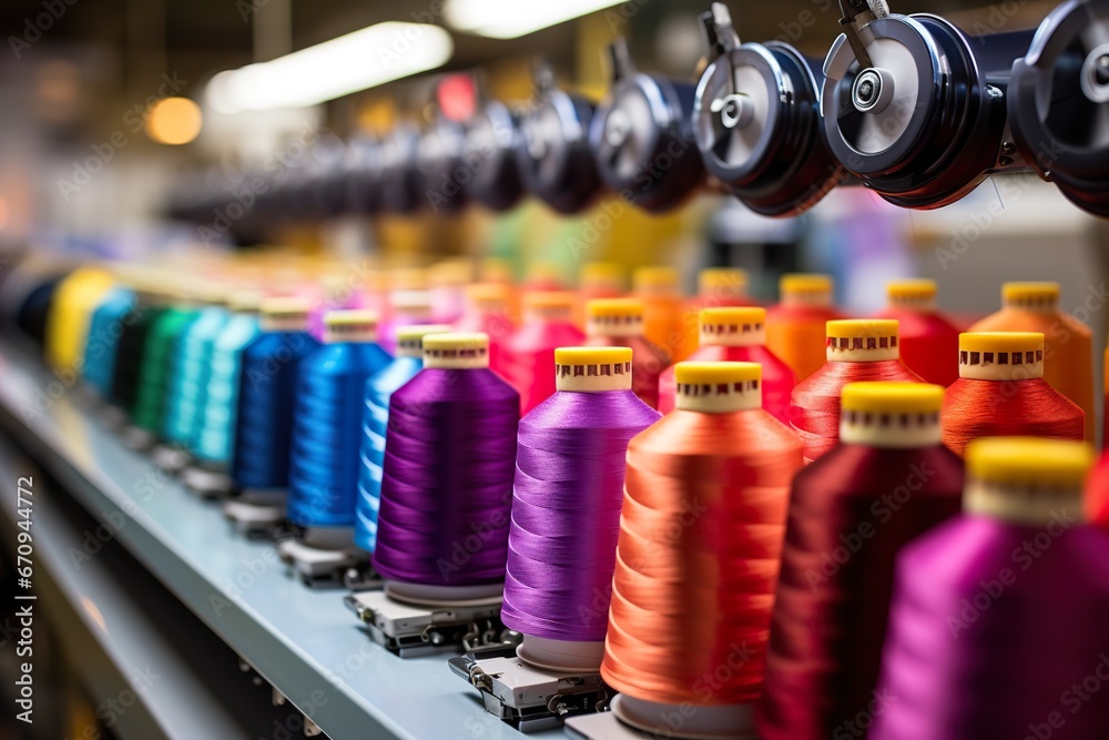 Colorful reel thread set up at modern and automatic sewing or embroidery spinning machine textile industry factory concept