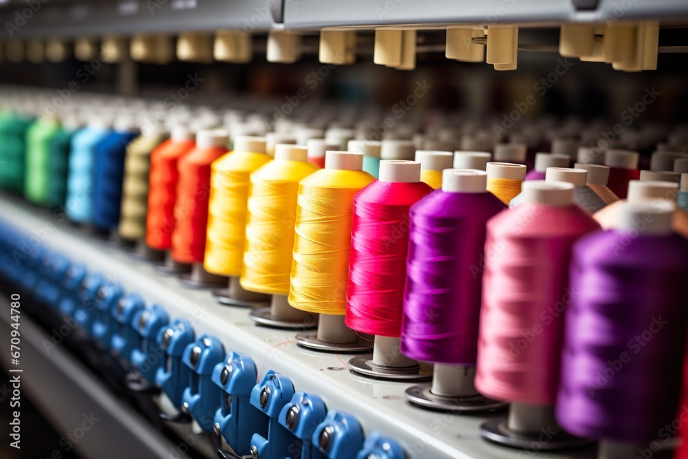 Colorful reel thread set up at modern and automatic sewing or embroidery spinning machine textile industry factory concept Colorful reel thread set up at modern and automatic sewing or embroidery spinning machine textile industry factory concept