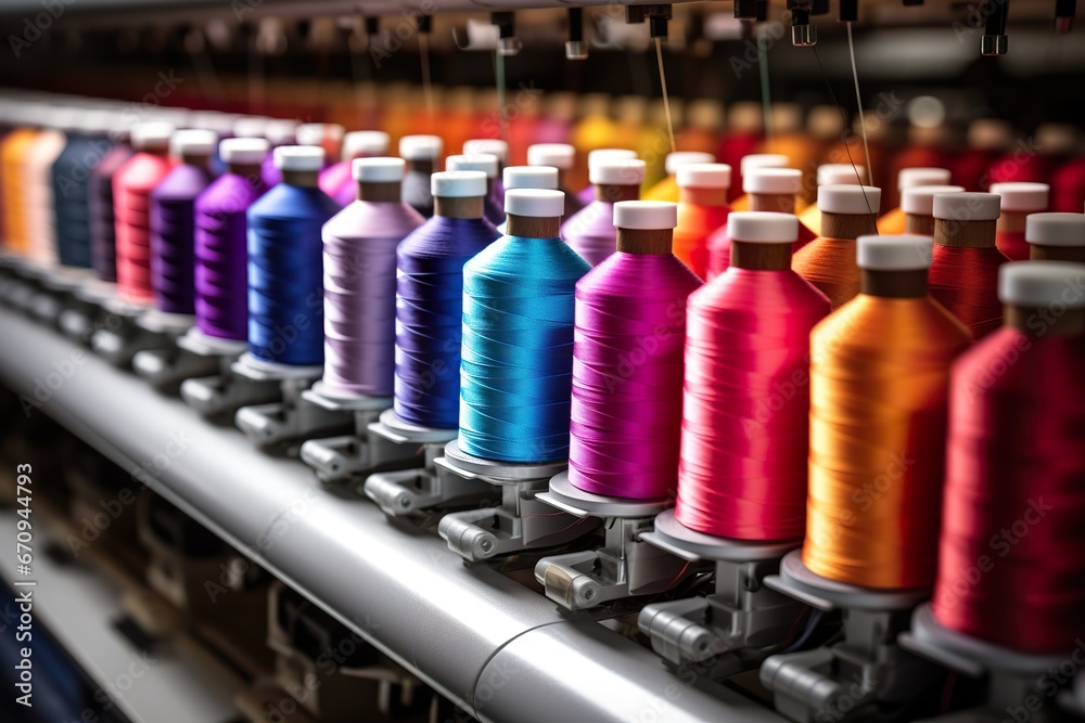 Colorful reel thread set up at modern and automatic sewing or embroidery spinning machine textile industry factory concept Colorful reel thread set up at modern and automatic sewing or embroidery spinning machine textile industry factory concept