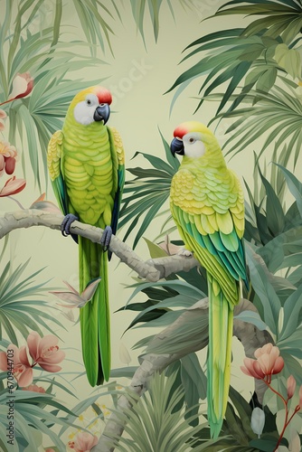Colourful parrots on a branch