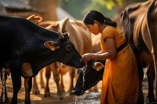 Indian woman feeds cows farm. Cattle milk dairy fresh grass. Generate Ai © nsit0108