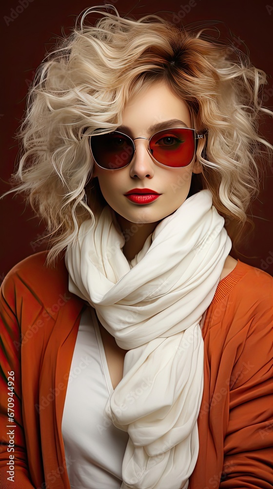 Fashionable confident woman wearing elegant white suit with blazer, trousers, cashmere turtleneck sweater, trendy cat eye sunglasses, posing on background. Model illustration. Generative AI Fashionable confident woman wearing elegant white suit with blazer, trousers, cashmere turtleneck sweater, trendy cat eye sunglasses, posing on background. Model illustration. Generative AI
