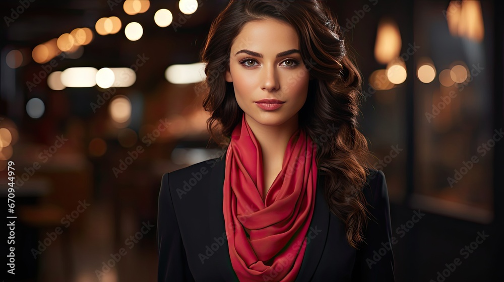 Young business arab woman against a background who feels confident, crossing arms with determination. Model portrait illustration. Generative AI
