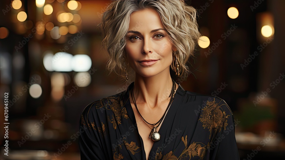 Confident stylish european mature middle aged woman standing at workplace. Stylish older senior businesswoman, 60s gray-haired lady executive leader manager looking at camera. Generative AI art Confident stylish european mature middle aged woman standing at workplace. Stylish older senior businesswoman, 60s gray-haired lady executive leader manager looking at camera. Generative AI art