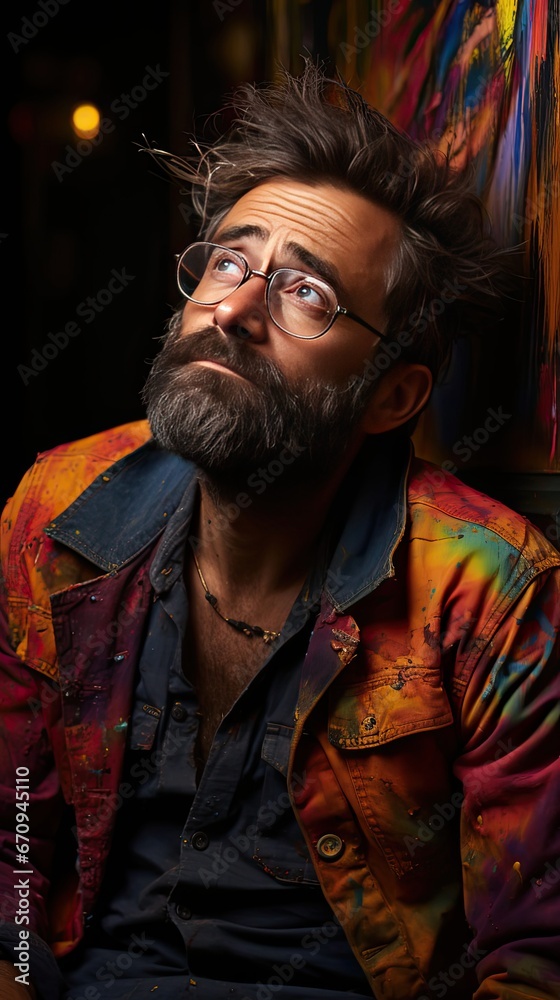Portrait of a sad crying bearded man in glasses, wearing in colorful shirt, looks unhappy and upset. Sad emotion illustration. Generative AI