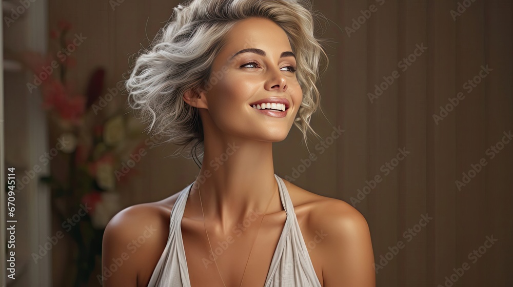 Double Chin Treatment. Beautiful Middle Aged Woman Touching Soft Smooth Skin On Neck, Attractive Mature Lady, Enjoying Her Beauty. Woman portrait illustration. Generative AI art Double Chin Treatment. Beautiful Middle Aged Woman Touching Soft Smooth Skin On Neck, Attractive Mature Lady, Enjoying Her Beauty. Woman portrait illustration. Generative AI art