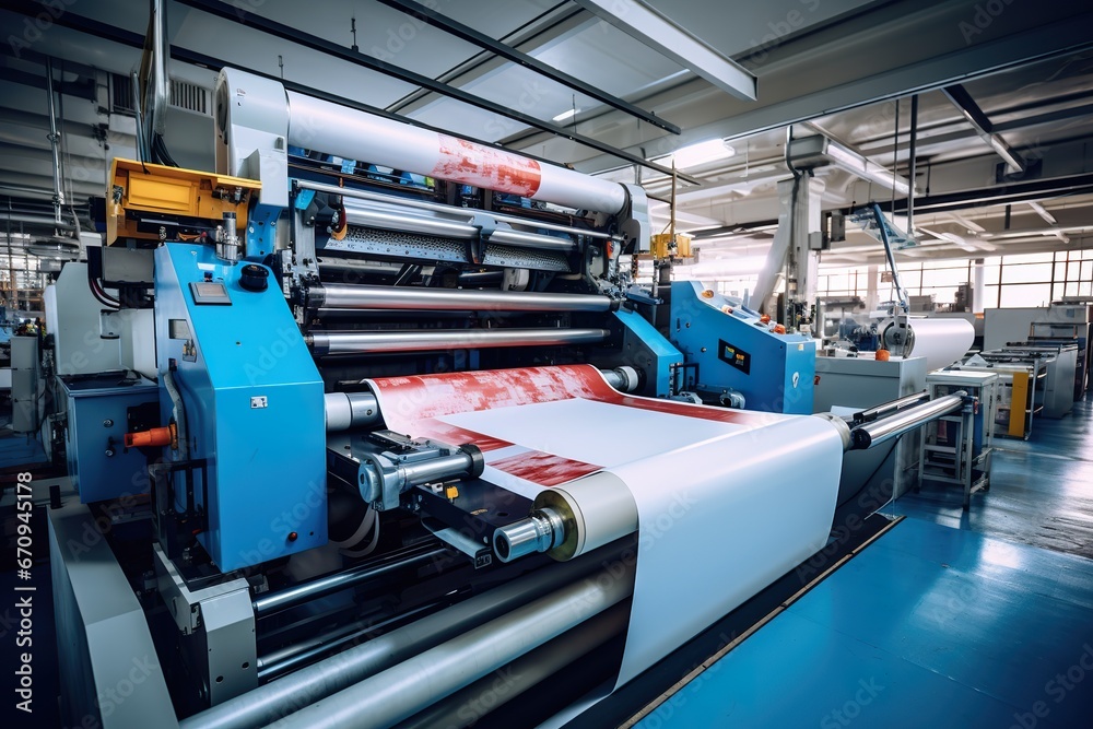Large offset printing press or magazine running a long roll off paper in production line of industrial printer machine