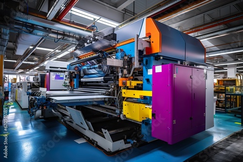 Large offset printing press or magazine running a long roll off paper in production line of industrial printer machine