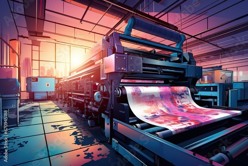 Large offset printing press or magazine running a long roll off paper in production line of industrial printer machine photo
