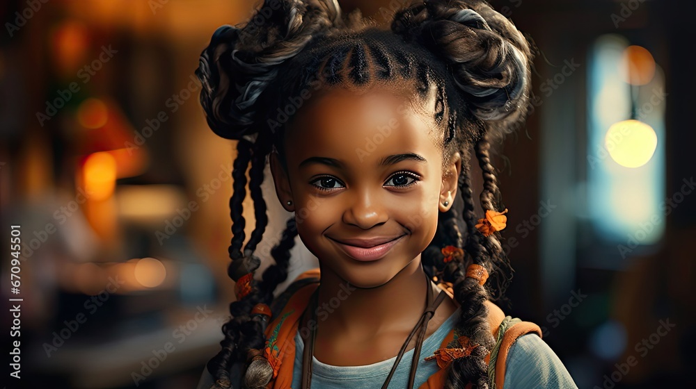 Smiling cute little african american girl with two pony tails looking at camera. Portrait of happy female child at home. People portrait illustration. Generative AI Smiling cute little african american girl with two pony tails looking at camera. Portrait of happy female child at home. People portrait illustration. Generative AI