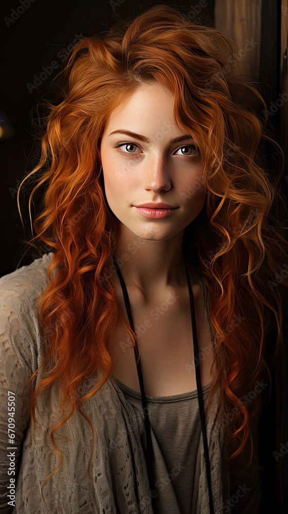 Portrait of beautiful redhead girl smiling looking at camera. Model portrait illustration. Generative AI Portrait of beautiful redhead girl smiling looking at camera. Model portrait illustration. Generative AI