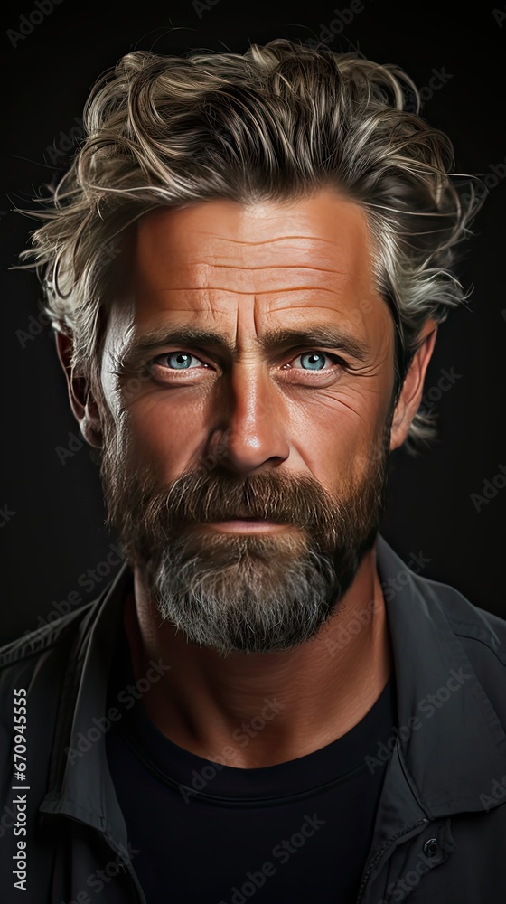 Portrait of beautiful mature blonde bearded guy with trendy hairdo in casual grey shirt smiling and looking in camera. Man face portrait illustration. Generative AI