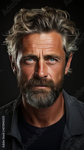 Portrait of beautiful mature blonde bearded guy with trendy hairdo in casual grey shirt smiling and looking in camera. Man face portrait illustration. Generative AI © tanyastock