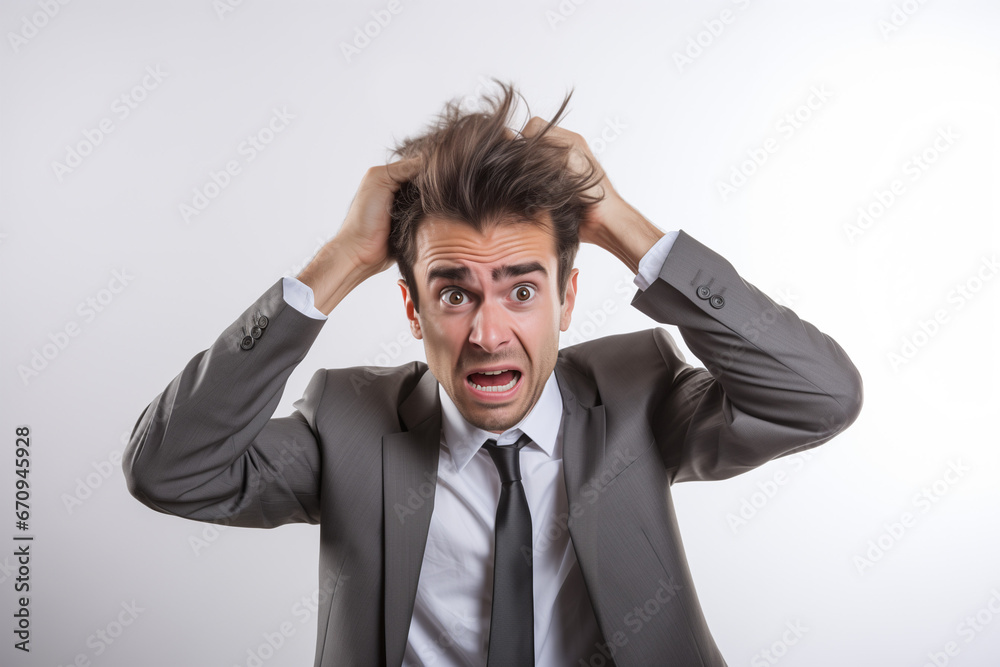 portrait of an overworked office employee pulling his hair with a nervous expression on a white background portrait of an overworked office employee pulling his hair with a nervous expression on a white background