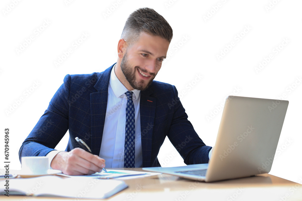 Portrait of young man sitting at his desk on a transparent background Portrait of young man sitting at his desk on a transparent background