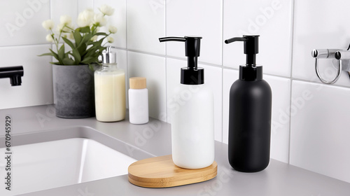 black and white minimalist liquid soap dispensers in modern interior