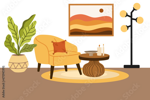 Living room modern interior. Furniture, armchair, house plant, painting and lamp. Vector illustration of furniture for house isolated on white background.