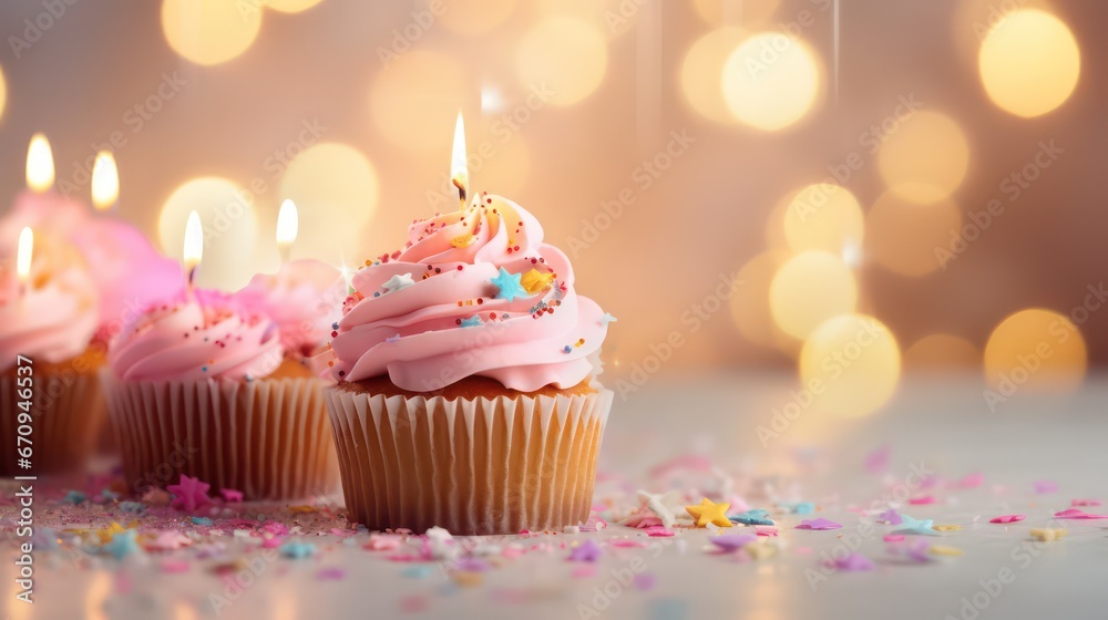 Indulge in the delight of a scrumptious birthday cupcake elegantly displayed on a table against a soft, light background. Indulge in the delight of a scrumptious birthday cupcake elegantly displayed on a table against a soft, light background.