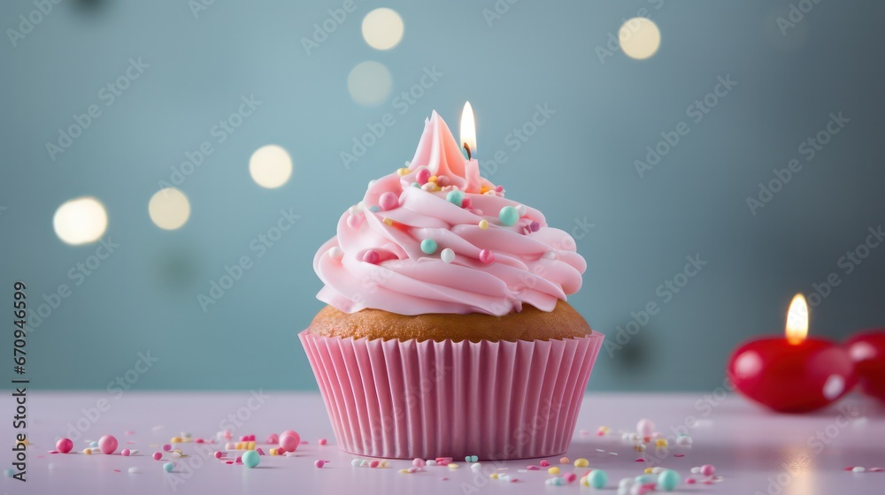 Indulge in the delight of a scrumptious birthday cupcake elegantly displayed on a table against a soft, light background. Indulge in the delight of a scrumptious birthday cupcake elegantly displayed on a table against a soft, light background.